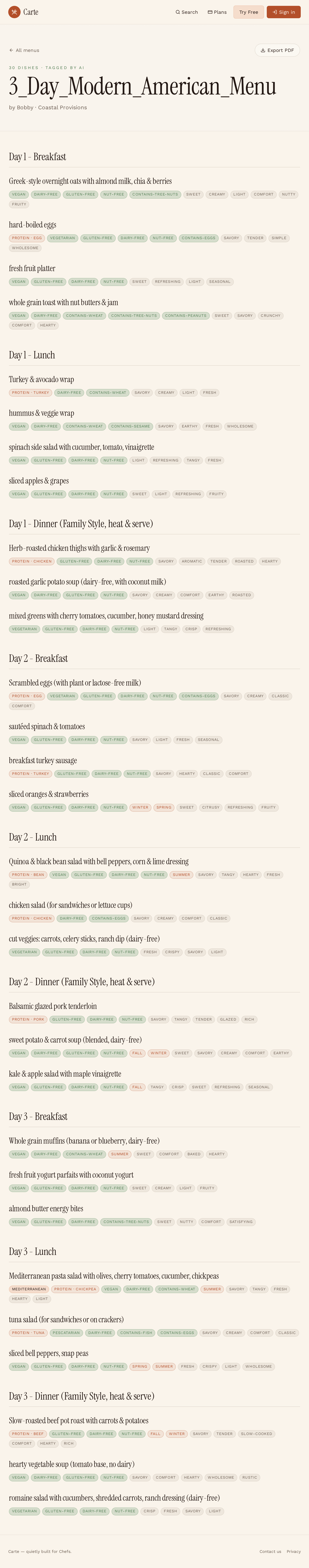 3 Day Modern American Menu — sample